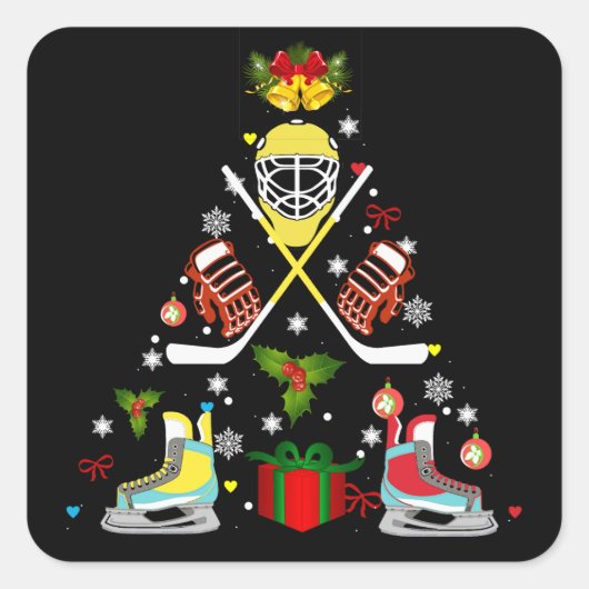 Ice Hockey-kerstsierboom Funny Xmas Vierkante Sticker (Voorkant)