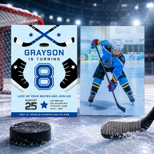 Ice Hockey Kids Verjaardagsfeestje Blauwe Uitnodig Kaart