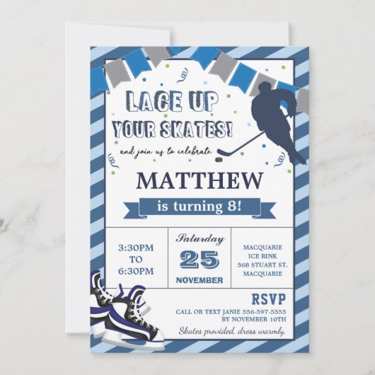 Ice Hockey Skating Boy Birthday Party Invitation Kaart (Voorkant)