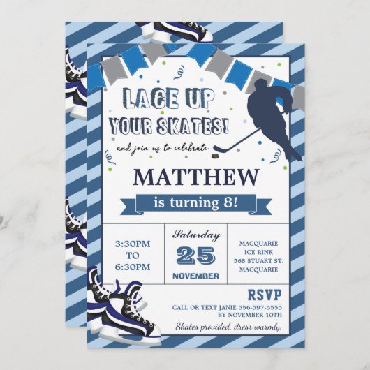 Ice Hockey Skating Boy Birthday Party Invitation Kaart (Voorkant / Achterkant)