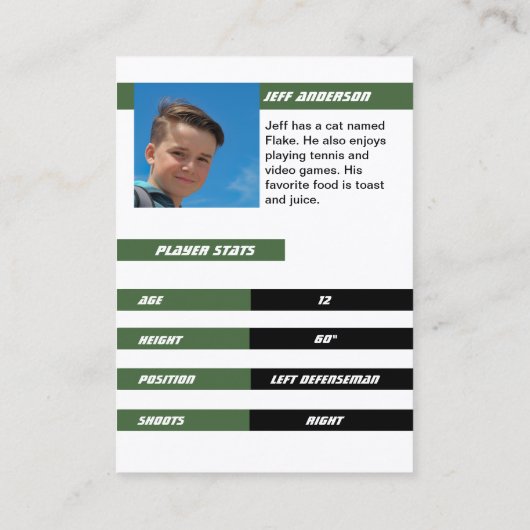 Ice Hockey Trading Kaart in Krachtig Groen Wit Contactkaartje (Achterkant)