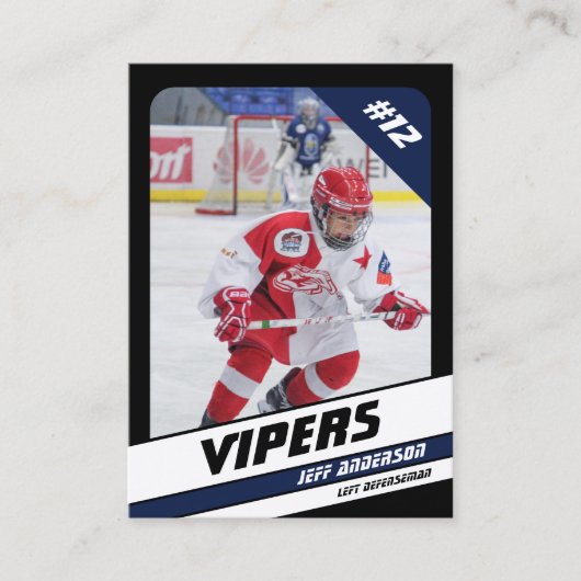 Ice Hockey Trading Kaart in Levendig Blauw Zwart Contactkaartje (Voorkant)