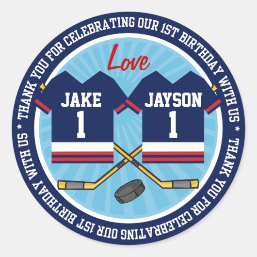 Ice Hockey Twins Jersey 1e Verjaardag Dank u Ronde Sticker (Voorkant)