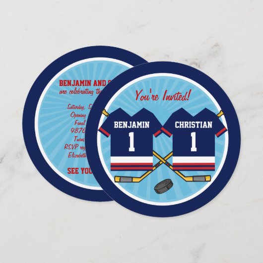 Ice Hockey Twins Jersey 1st Birthday Party Kaart (Voorkant / Achterkant)