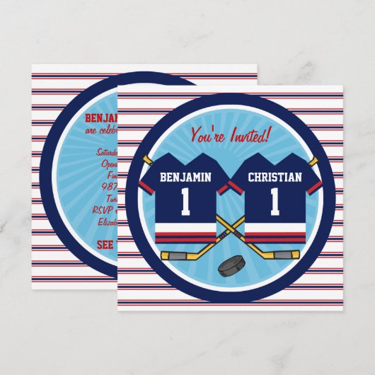 Ice Hockey Twins Jersey V2 1st Birthday Party Kaart (Voorkant / Achterkant)