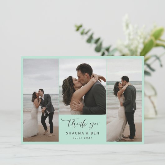 Ice Mint Lined Back 3 foto's Bruiloft Dank u Bedankkaart (Staand voorkant)