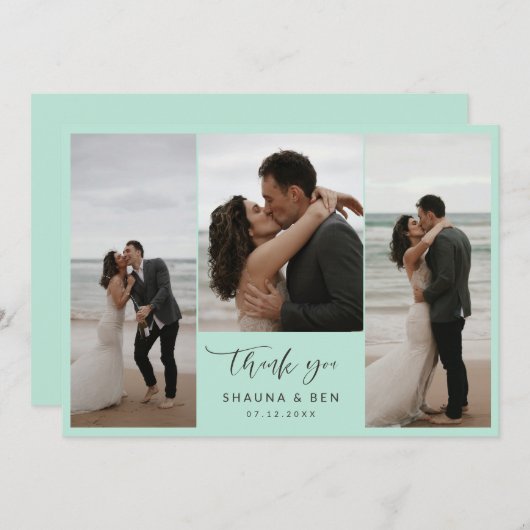 Ice Mint Lined Back 3 foto's Bruiloft Dank u Bedankkaart (Voorkant / Achterkant)