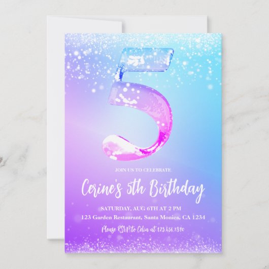 Ice number white glitter Girl 5th Birthday Kaart (Voorkant)