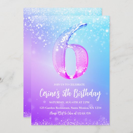 Ice number white glitter Girl 6th Birthday  Kaart (Voorkant / Achterkant)