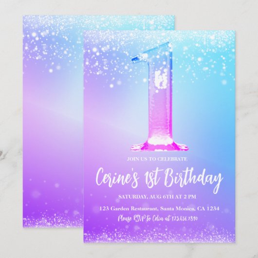 Ice number white glitter Girl First Birthday Kaart (Voorkant / Achterkant)