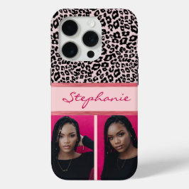 Ice Pink Leopard Print Photo Collage iPhone 15 Pro Case