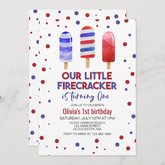 Ice Poppen Firecracker Rood Wit Blauw 1e Verjaarda Kaart (Voorkant / Achterkant)