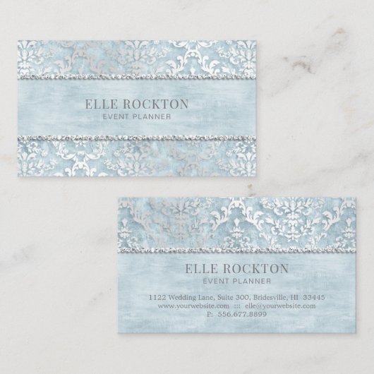 Ice Powder Blue Glimmer Damask Silver Visitekaartje (Voorkant / Achterkant)