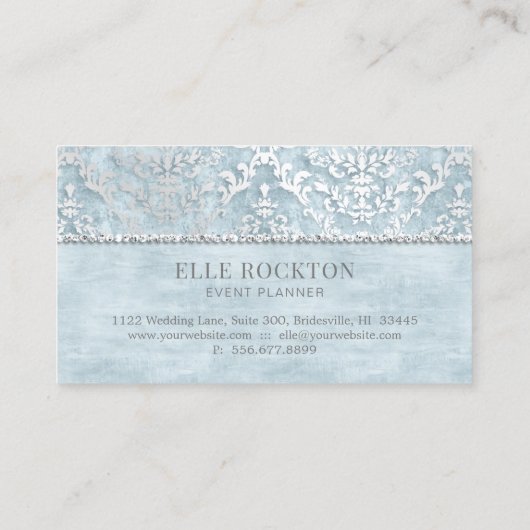 Ice Powder Blue Glimmer Damask Silver Visitekaartje (Achterkant)