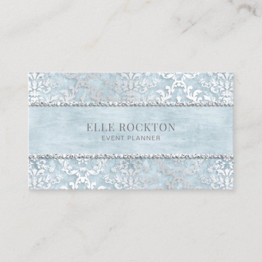 Ice Powder Blue Glimmer Damask Silver Visitekaartje (Voorkant)