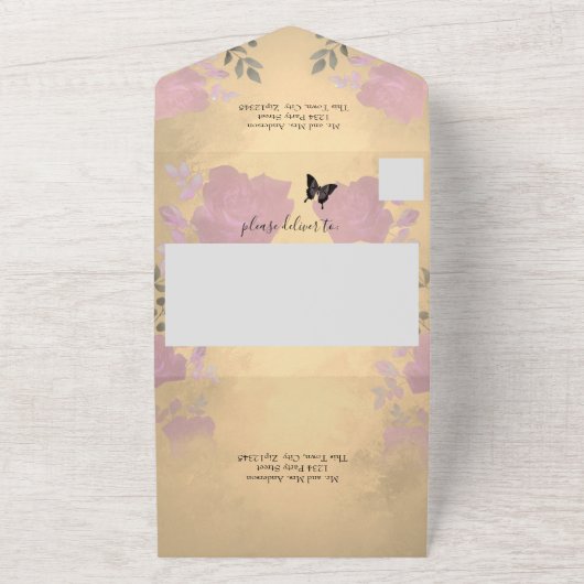 Ice Roos Pink Floral Quinceanera All In One Uitnodiging (Buitenkant)