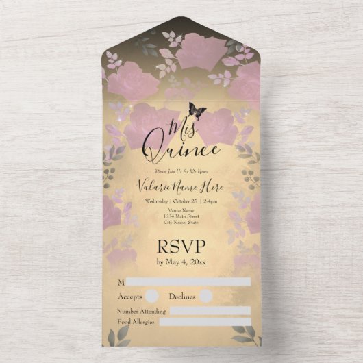 Ice Roos Pink Floral Quinceanera All In One Uitnodiging (Binnen)