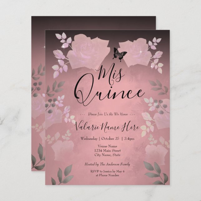 Ice Roos Pink Floral Quinceanera Begrotingsuitnodi (Voorkant / Achterkant)