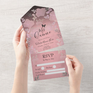 Ice Roos roze Floral Quinceanera all in one vita Uitnodiging
