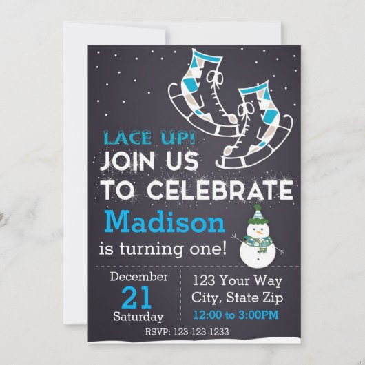 Ice Schaats Birthday Invitation (blauw) Kaart (Voorkant)