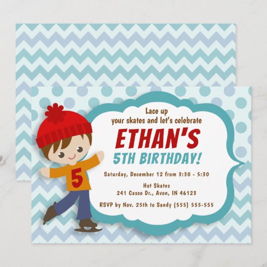 Ice Schaats Boy Blue Schaatsen Verjaardag Uitnodig Kaart (Voorkant / Achterkant)