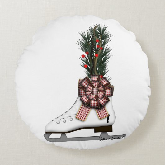 Ice Schaats kerstdecoratie met Tartan Bow Rond Kussen (Voorkant)