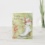 Ice Schaats, Krans en bessen op groene achtergrond Feestdagen Kaart (Voorkant)