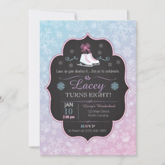 Ice Schaats Party Snowflake Birthday Uitnodiging (Voorkant)