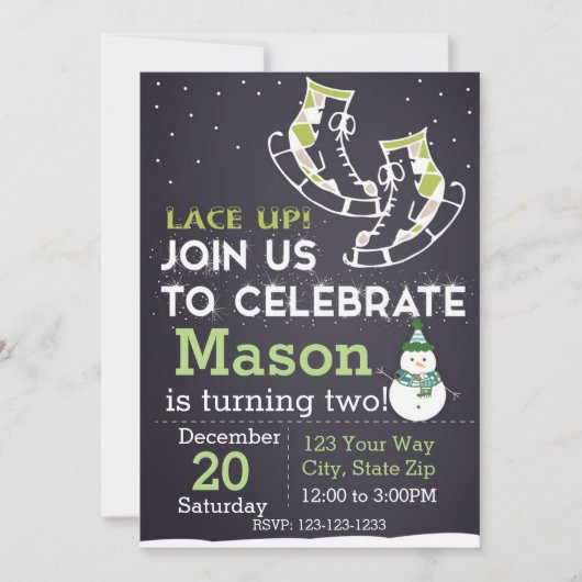 Ice Schaats verjaardagsuitnodiging (groen) Kaart (Voorkant)