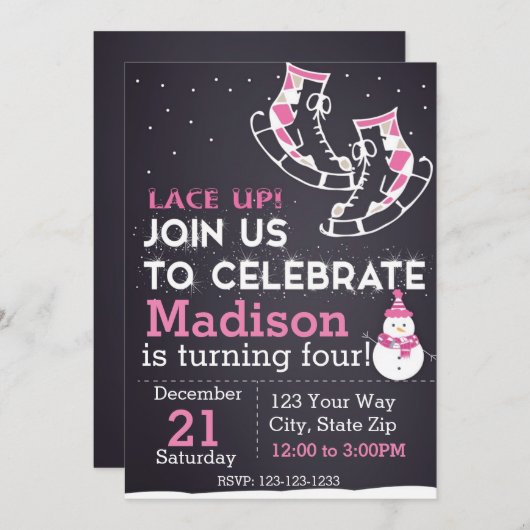 Ice Schaats verjaardagsuitnodiging (roze) Kaart (Voorkant / Achterkant)