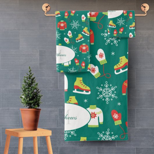 Ice Schaatsen Snowflakes Blauwgroen Monogram Patro Bad Handdoek