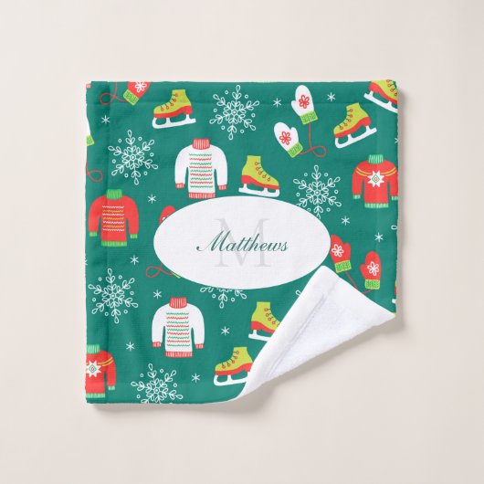 Ice Schaatsen Snowflakes Blauwgroen Monogram Patro Bad Handdoek (Wasdoekje)