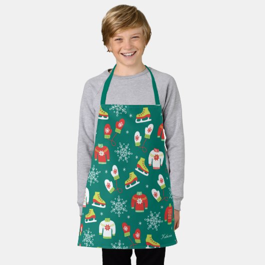 Ice Schaatsen Snowflakes Blauwgroen Monogram Patro Schort (Gedragen)