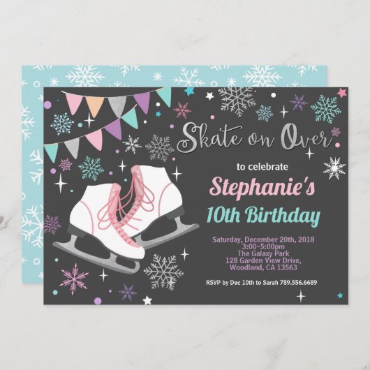 Ice skate verjaardagsfeestje pastelbord kaart (Voorkant / Achterkant)