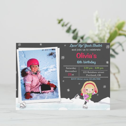 Ice skate verjaardagsuitnodiging Winteruitnodiging Kaart (Staand voorkant)