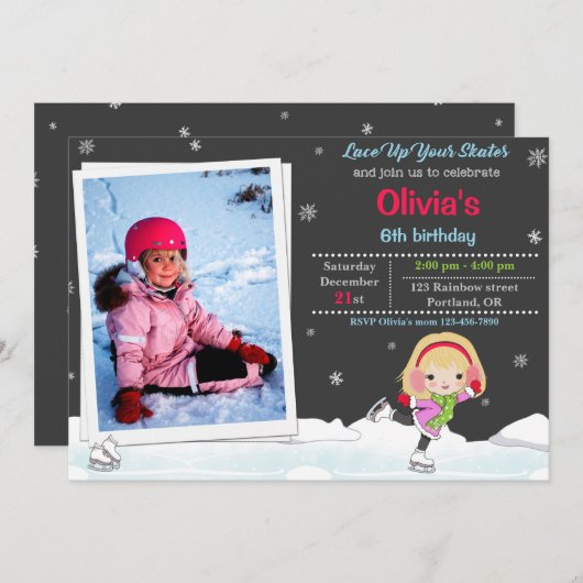 Ice skate verjaardagsuitnodiging Winteruitnodiging Kaart (Voorkant / Achterkant)
