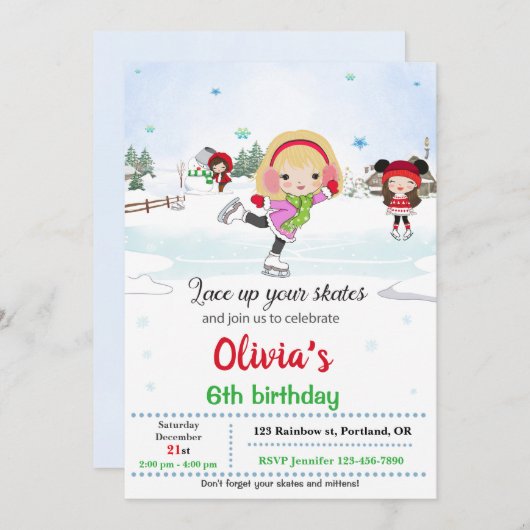 Ice skate verjaardagsuitnodiging Winteruitnodiging Kaart (Voorkant / Achterkant)