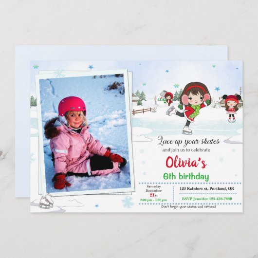 Ice skate verjaardagsuitnodiging Winteruitnodiging Kaart (Voorkant / Achterkant)