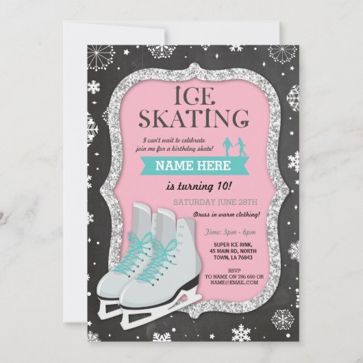Ice Skateday Party Snowflake Pink Invite Kaart (Voorkant)