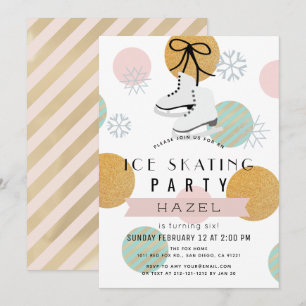 Ice SkateParty Winter Pink Gold Girl Birthday Kaart