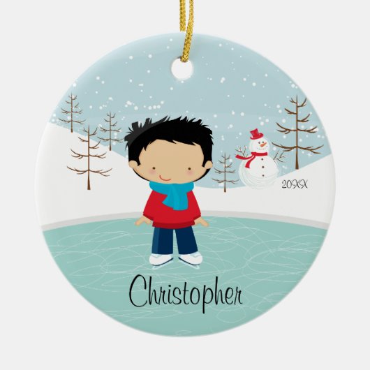 Ice Skater Boy met kerstversiering Keramisch Ornament (Voorkant)