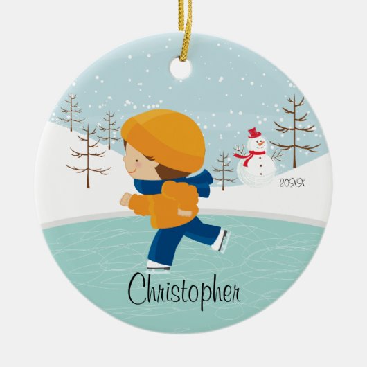 Ice Skater Boy met kerstversiering Keramisch Ornament (Voorkant)