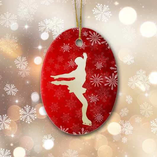 Ice Skater Gold Snowflakes op Bright Red Keramisch Ornament