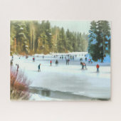 Ice Skaters op een Pond Waterverf Winter Landscape Legpuzzel (Horizontaal)