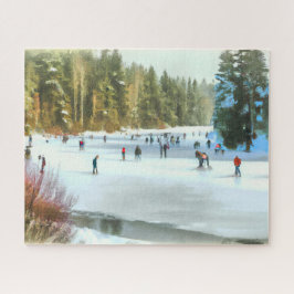 Ice Skaters op een Pond Waterverf Winter Landscape Legpuzzel