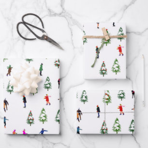 Ice Skaters Pine │ ijsschaatsen kerstwinter Inpakpapier Vel