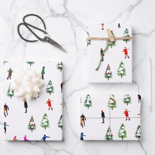 Ice Skaters Pine │ ijsschaatsen kerstwinter Inpakpapier Vel (Voorkant)