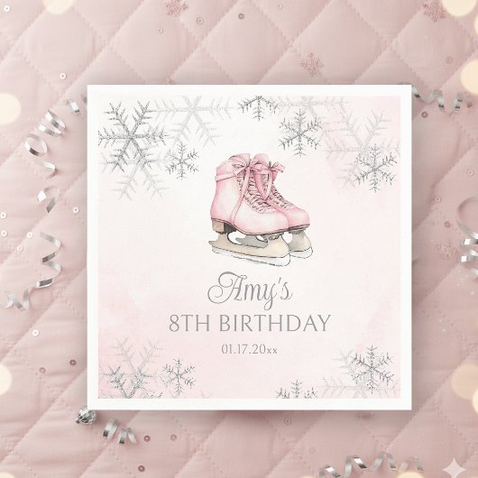 Ice Skates Girl Birthday Pink Bow Silver Snowflake Servet