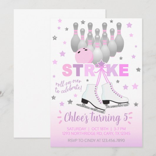 Ice skating and bowling girl uitnodiging. kaart (Voorkant / Achterkant)