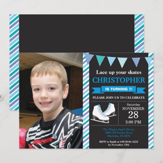 Ice Skating Birthday Invitation 1st Birthday Party Kaart (Voorkant / Achterkant)